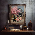 Ornate framed Halloween witch girl artwork above an antique Gothic desk display