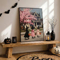 Black bordered little witch canvas poster styled with bats pumpkins and lanterns