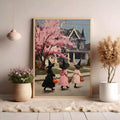 Light wood framed witch girl poster displayed with plants in a neutral room