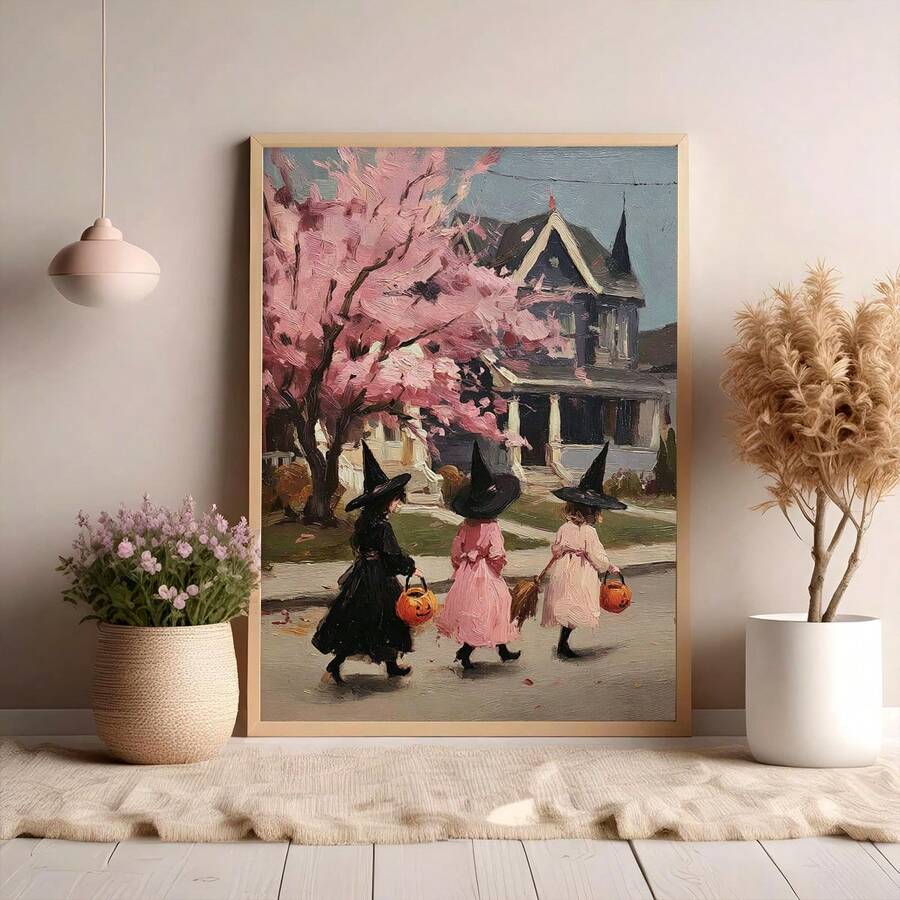 Light wood framed witch girl poster displayed with plants in a neutral room