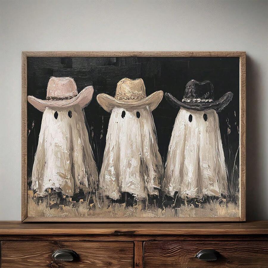 Ivory ghosts in pink tan and black cowboy hats displayed in a slim wood frame
