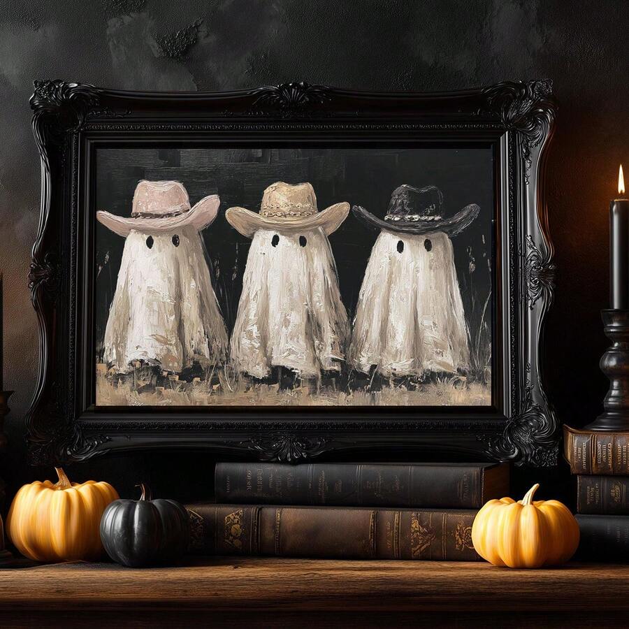 Cowboy ghost trio painting in an ornate black frame with books and Halloween pumpkins