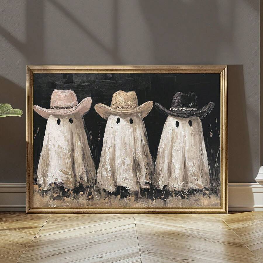 Gold framed cowboy ghost trio artwork leaning on a sunlit wood floor