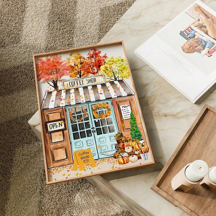Autumn coffee shop watercolor wall art in a light wood-look frame