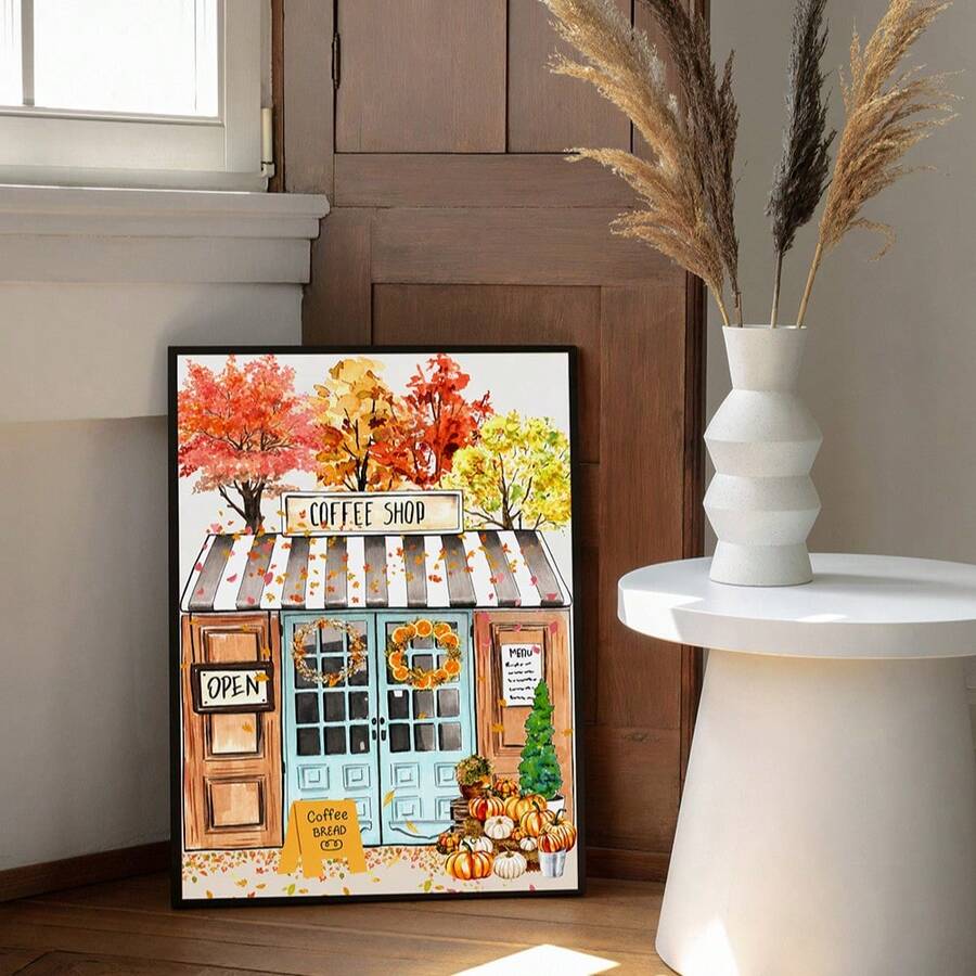 Black framed watercolor café wall art with pumpkins and fall foliage