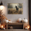 Lone horse foggy woodland canvas mockup styled with pumpkins and lanterns