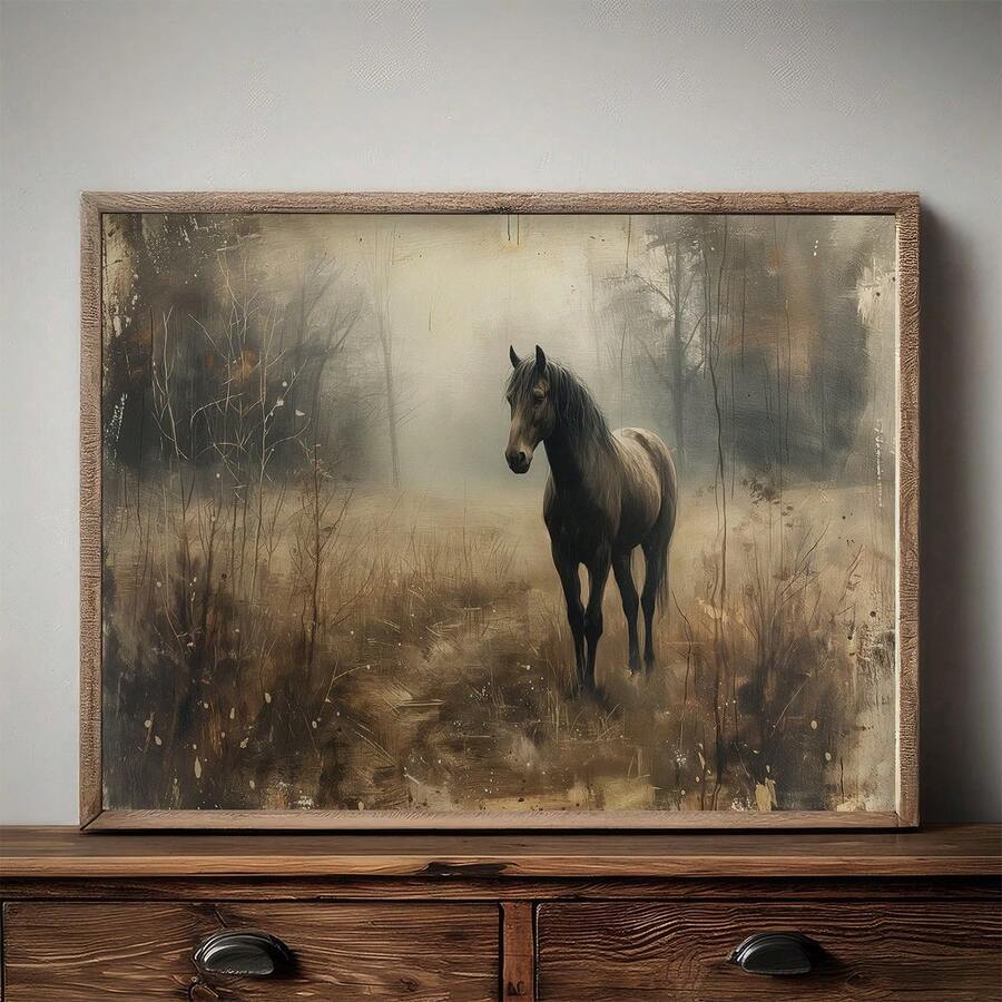 Dark horse in a foggy forest artwork shown in an ornate bronze frame mockup