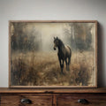 Misty woodland horse poster displayed in a slim rustic wood frame on a dresser