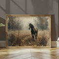 Neutral foggy forest horse art in a ridged gold frame on a sunlit floor