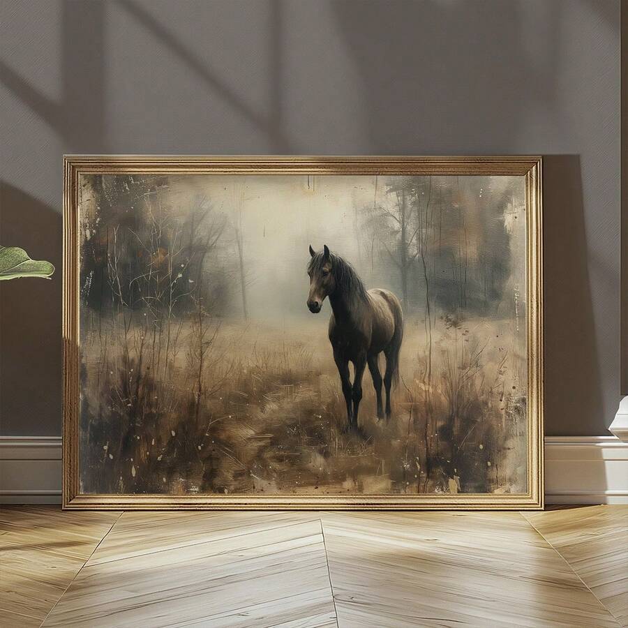 Neutral foggy forest horse art in a ridged gold frame on a sunlit floor
