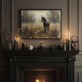 Moody horse wall art in a black frame above a gothic fireplace display