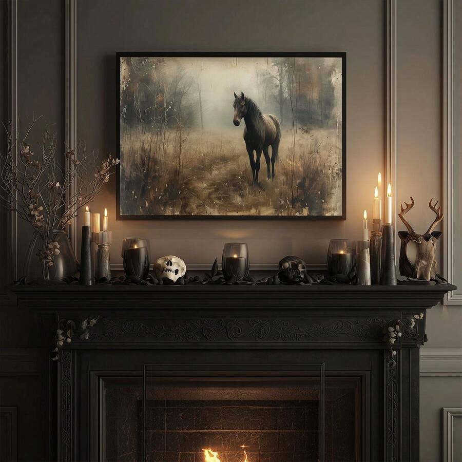 Moody horse wall art in a black frame above a gothic fireplace display