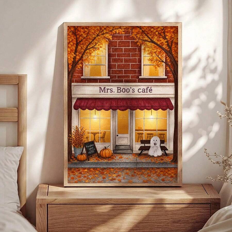 Light wood framed ghost cafe autumn artwork displayed on a bedroom nightstand
