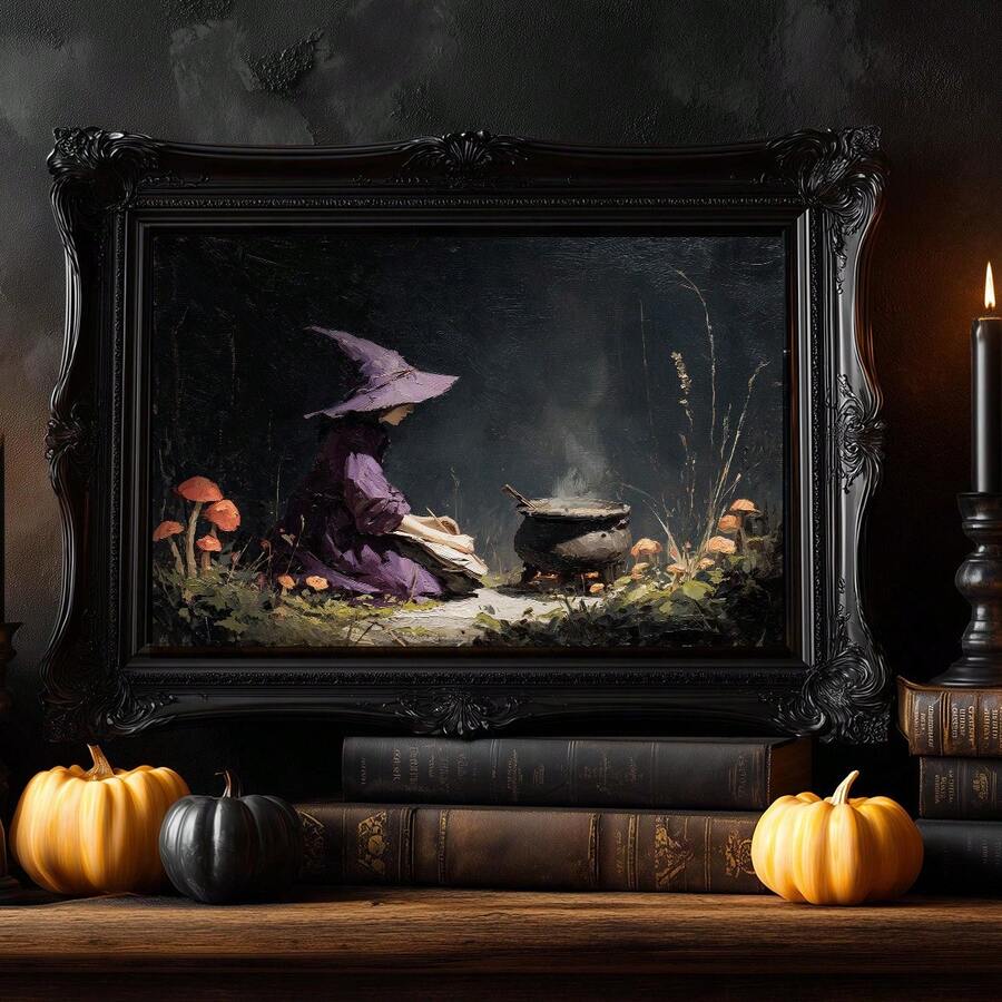 Rustic cauldron autumn dark forest canvas wall art