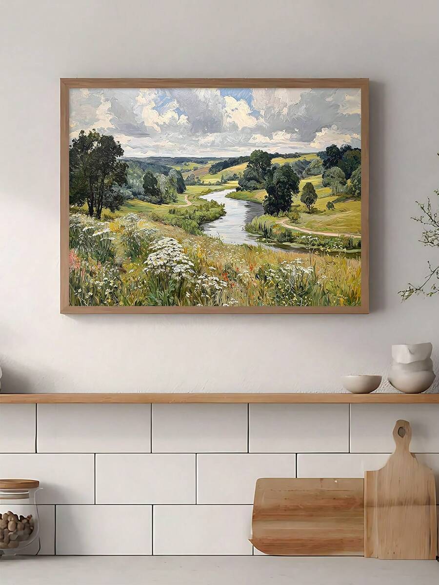 River and wildflower meadow landscape styled on kitchen wall