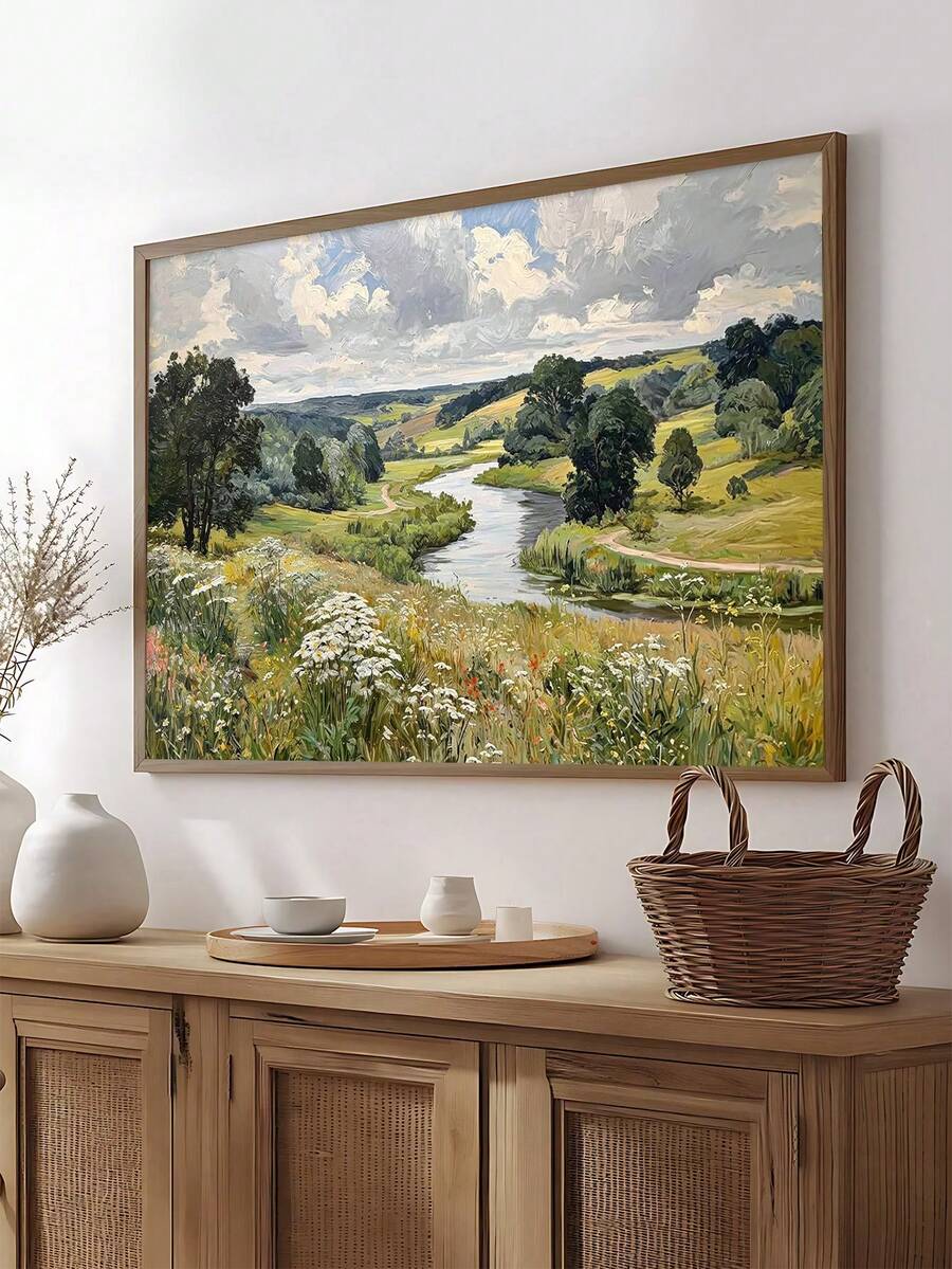 Bright river valley landscape with green hills in natural wood frame