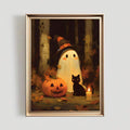 Cozy ghost pumpkin and candle woodland poster in a champagne frame mockup