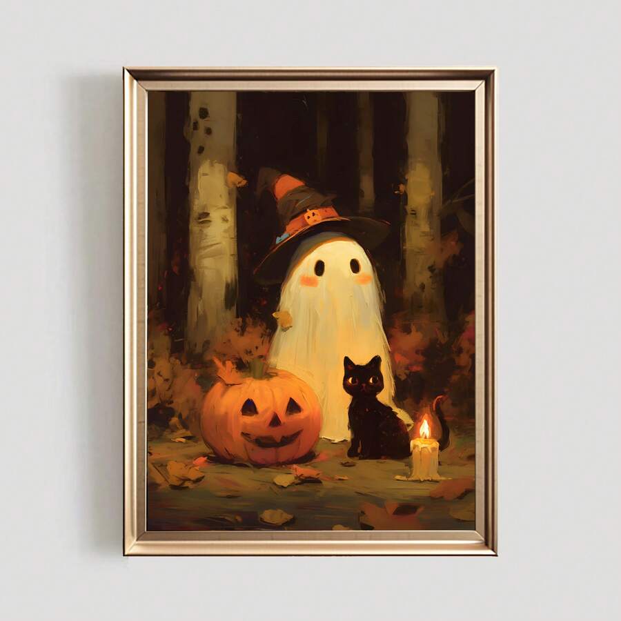 Cozy ghost pumpkin and candle woodland poster in a champagne frame mockup