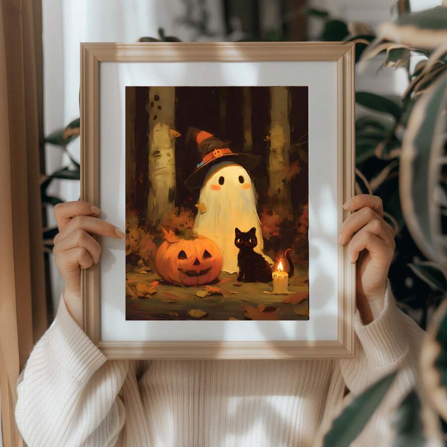 Handheld Halloween ghost wall art with a broad white mat and indoor plants