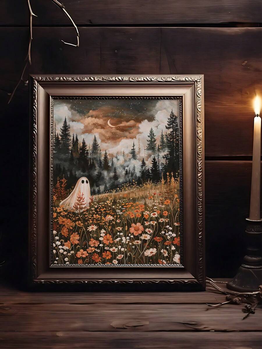 Close-up of ghost and botanical details in enchanted forest artwork