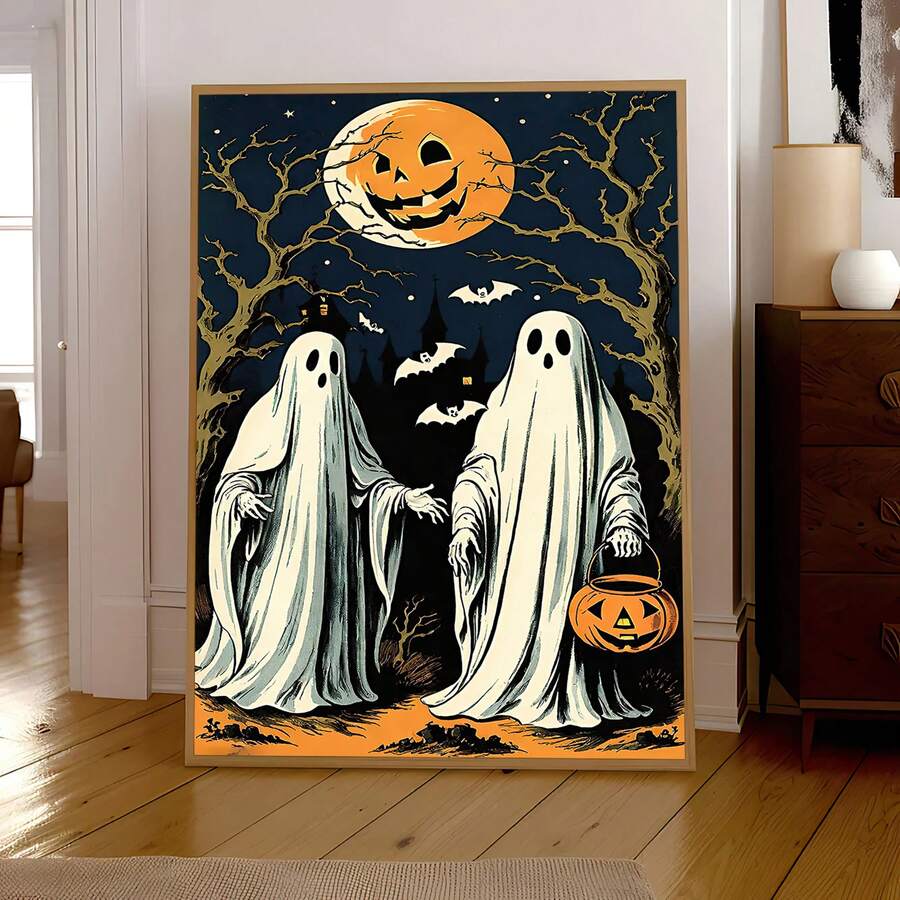 Set a playful haunted mood with this expressive vintage Halloween wall art. Two sheet-like ghosts stand beneath a huge glowing jack-o’-lantern moon, surrounded by twisted bare branches, flying bats, distant haunted-house silhouettes, and tiny stars.