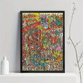 Bring a bold burst of color to your space with this vibrant canvas poster. The densely illustrated crowd scene combines folk-art-inspired detail with a maximalist graphic style, creating an eye-catching focal point for a living room, hallway, entryway, or creative office.