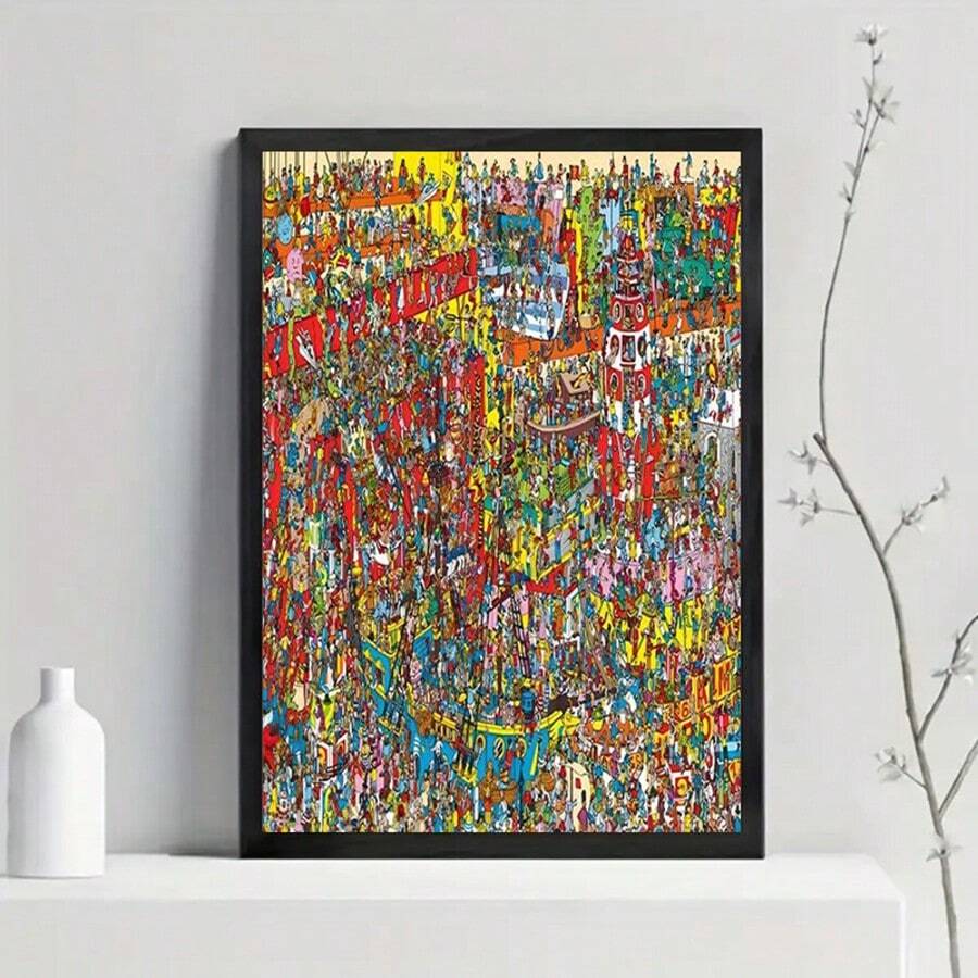 Bring a bold burst of color to your space with this vibrant canvas poster. The densely illustrated crowd scene combines folk-art-inspired detail with a maximalist graphic style, creating an eye-catching focal point for a living room, hallway, entryway, or creative office.