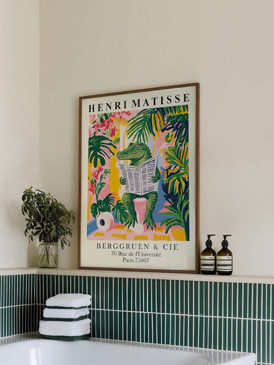 Funny Alligator On Toilet Matisse Style Bathroom Canvas Poster