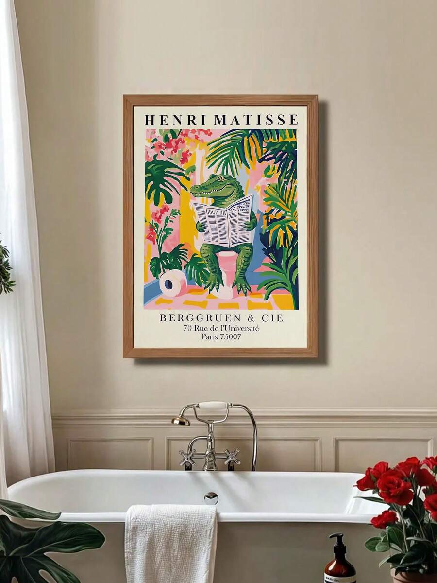 Funny Alligator On Toilet Matisse Style Bathroom Canvas Poster