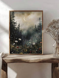 Vertical crescent moon forest print styled with dried flowers