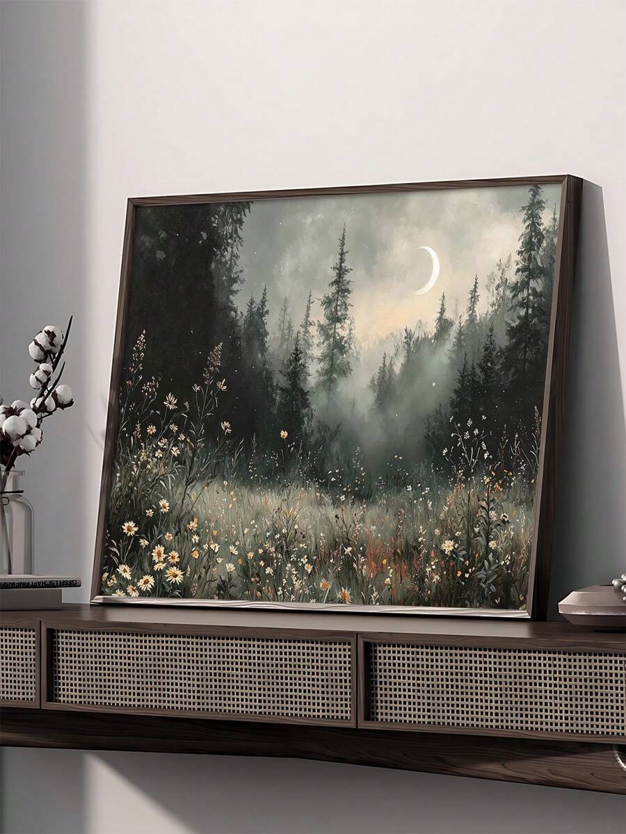 Large moonlit forest canvas displayed above cane front console