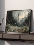 Large moonlit forest canvas displayed above cane front console