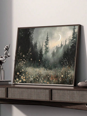 Large moonlit forest canvas displayed above cane front console