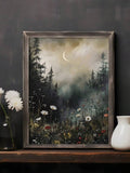 Vertical misty forest and flower meadow art on dark wall