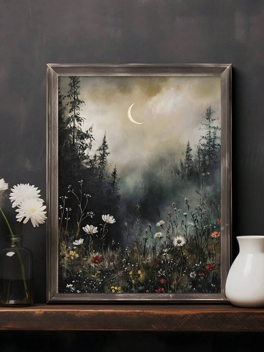 Vertical misty forest and flower meadow art on dark wall
