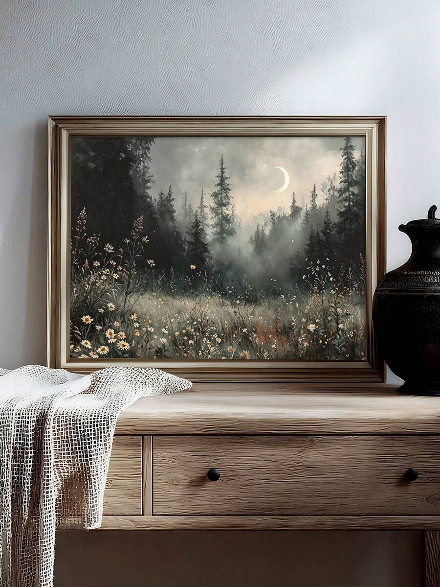 Large moonlit forest canvas displayed above cane front console