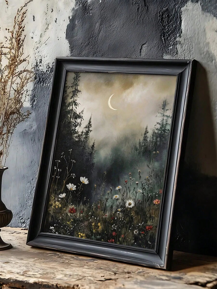 Vertical moonlit woodland print with daisies in charcoal frame