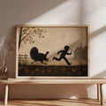 Vintage Farmhouse Thanksgiving Canvas poster featuring a playful boy chasing a turkey silhouette. Perfect for kitchens, dining rooms, rustic homes, and fall decor.