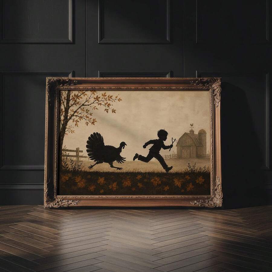 Vintage Farmhouse Thanksgiving Canvas poster featuring a playful boy chasing a turkey silhouette. Perfect for kitchens, dining rooms, rustic homes, and fall decor.