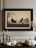 Vintage Farmhouse Thanksgiving Canvas poster featuring a playful boy chasing a turkey silhouette. Perfect for kitchens, dining rooms, rustic homes, and fall decor.