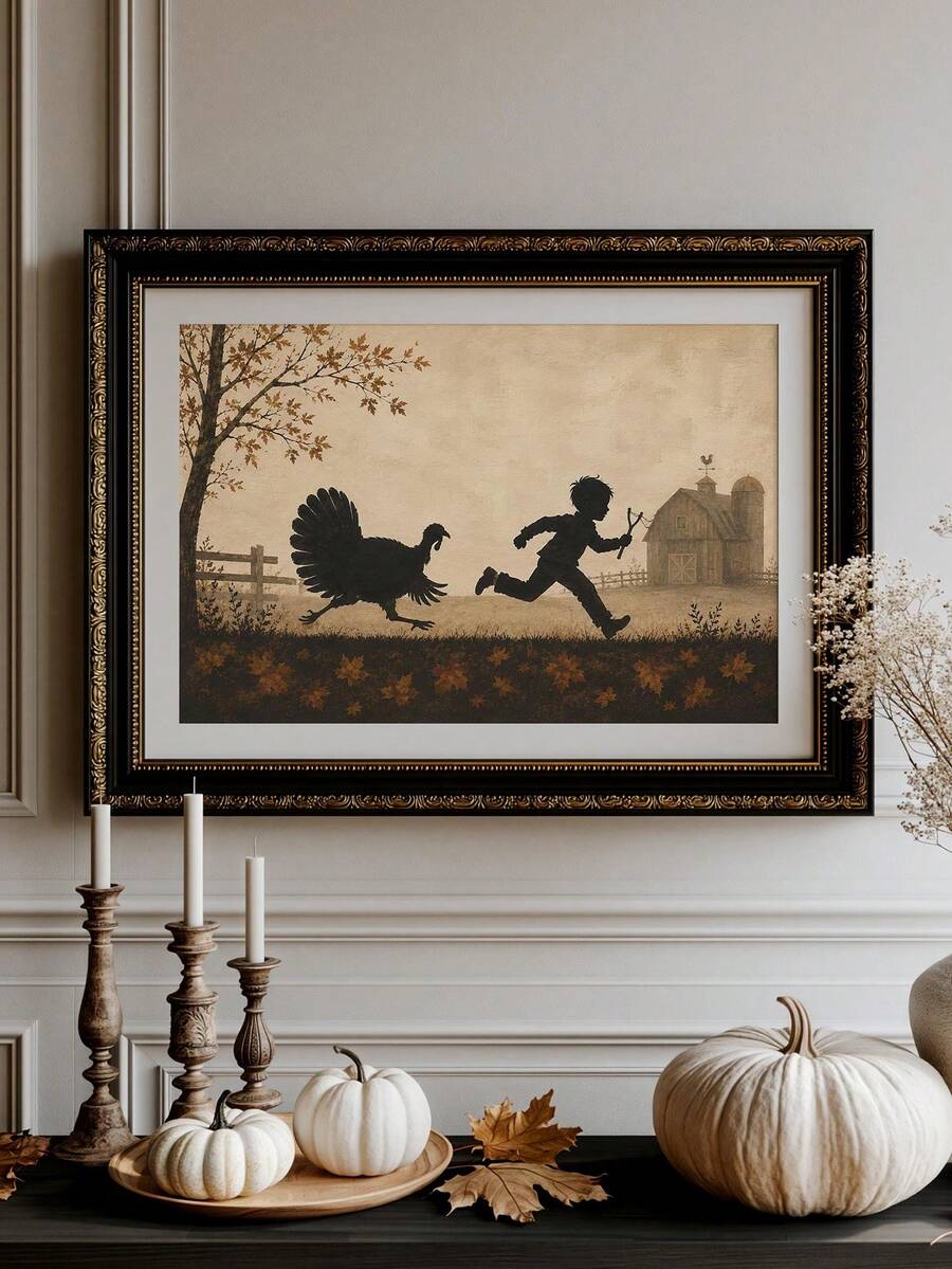 Vintage Farmhouse Thanksgiving Canvas poster featuring a playful boy chasing a turkey silhouette. Perfect for kitchens, dining rooms, rustic homes, and fall decor.