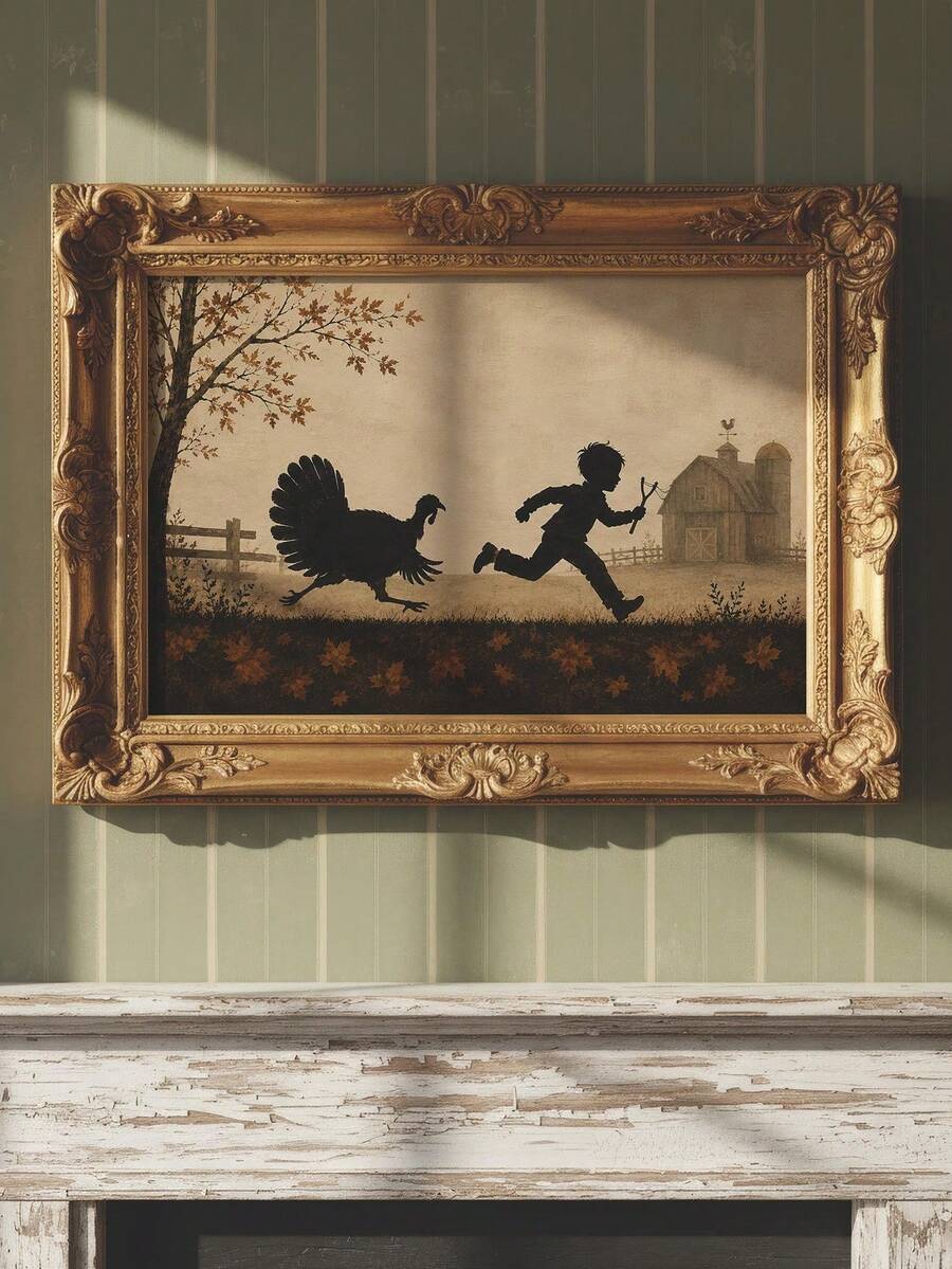 Vintage Farmhouse Thanksgiving Canvas poster featuring a playful boy chasing a turkey silhouette. Perfect for kitchens, dining rooms, rustic homes, and fall decor.