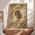 Light wood framed vintage turkey artwork on modern bedroom nightstand