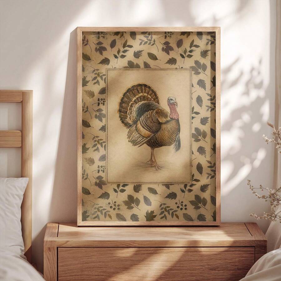 Light wood framed vintage turkey artwork on modern bedroom nightstand
