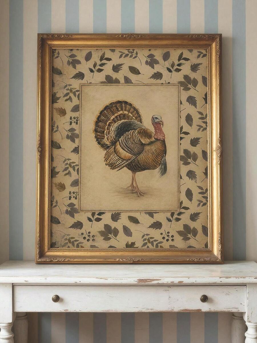 Carved gold framed turkey and autumn leaf print on distressed console