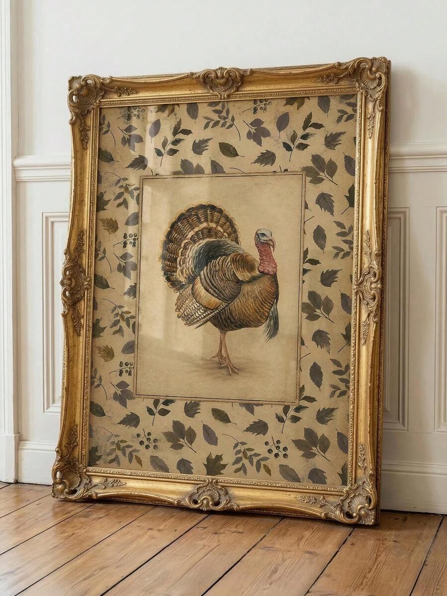 Ornate baroque gold framed turkey poster leaning on paneled wall
