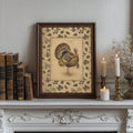 Dark walnut framed turkey artwork on candlelit fireplace mantel