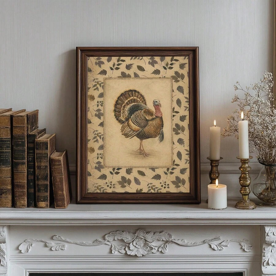 Dark walnut framed turkey artwork on candlelit fireplace mantel