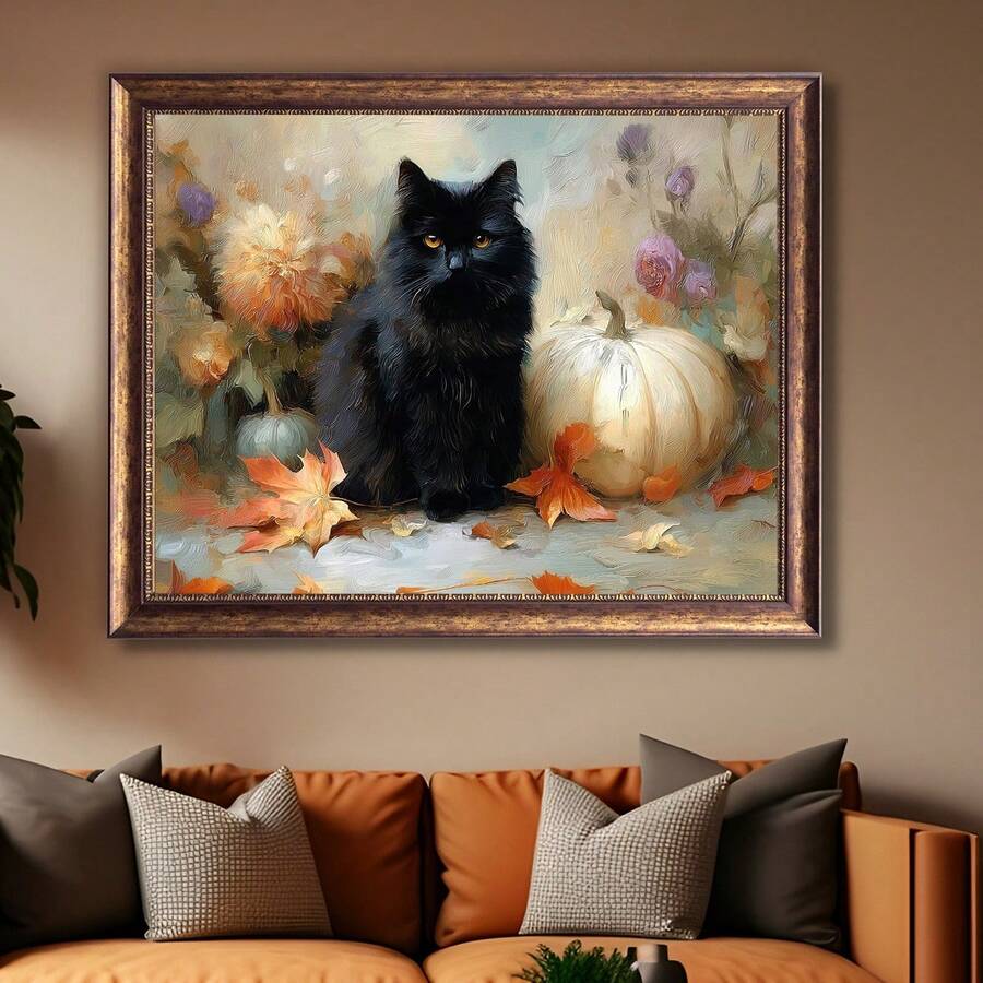 Black cat beside white pumpkin artwork in bronze-toned frame above rust sofa