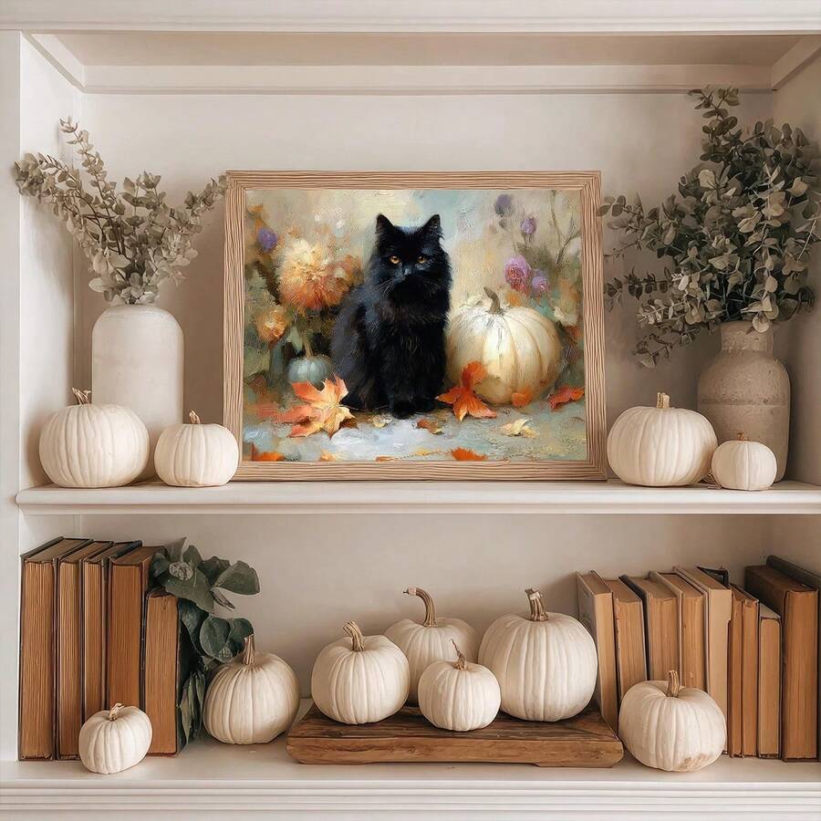 Black cat and white pumpkin artwork displayed among white pumpkins, books and eucalyptus